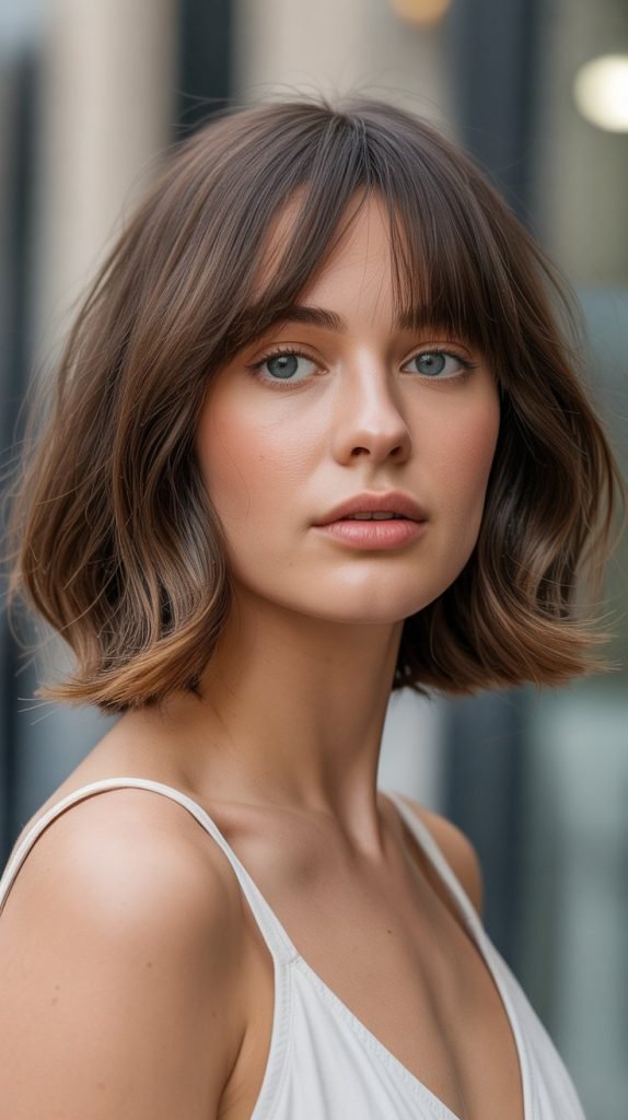 Angled Long Bob with Curtain Bangs for Square Face Shapes