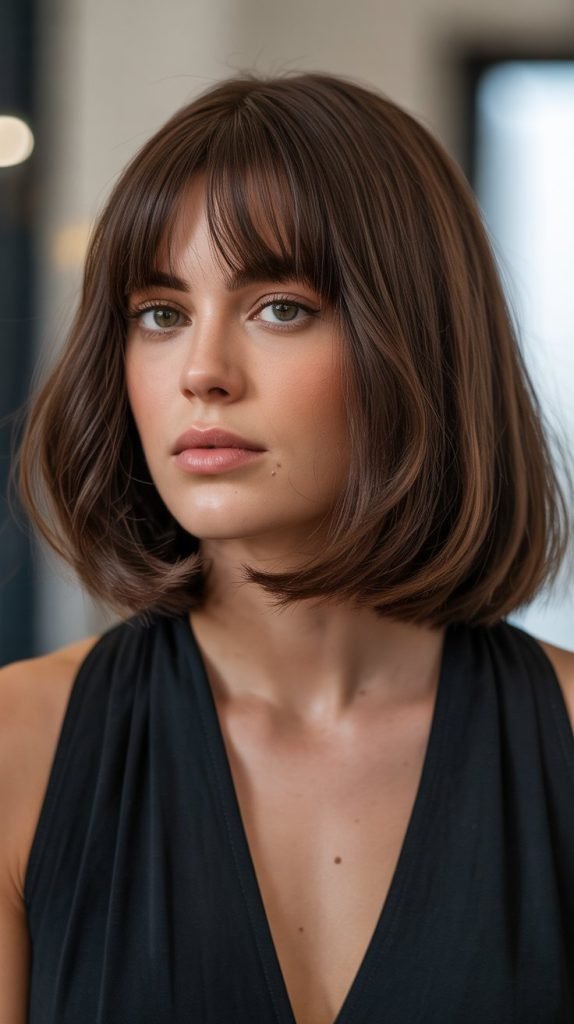28. Long Bob with Curtain Bangs and Chocolate Brown Color