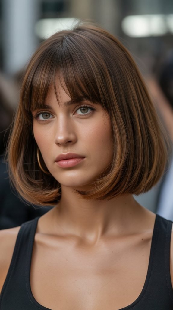 Rounded Long Bob with Full Curtain Bangs
