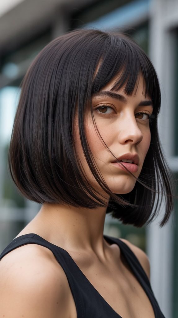 Inverted Long Bob with Wispy Curtain Bangs