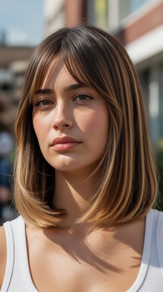 Long Bob with Curtain Bangs and Ribbon Highlights