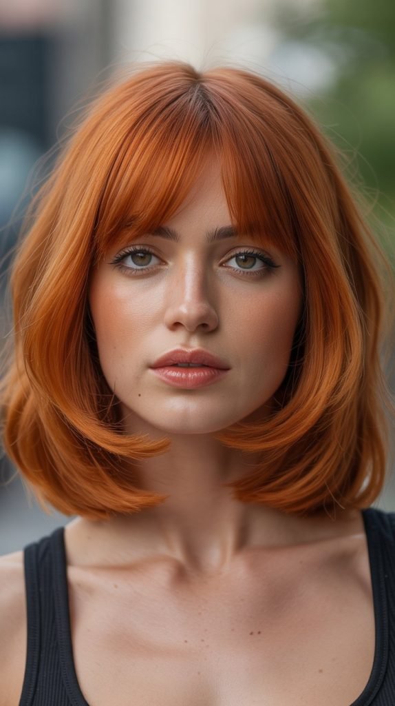 Long Bob with Curtain Bangs and Copper Tones