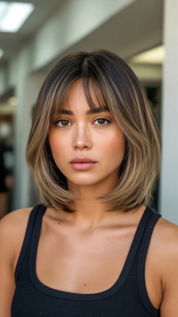 Long Bob with Curtain Bangs and Root Shadow