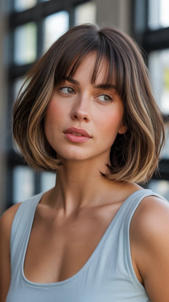 17. Long Bob with Curtain Bangs for Square Faces
