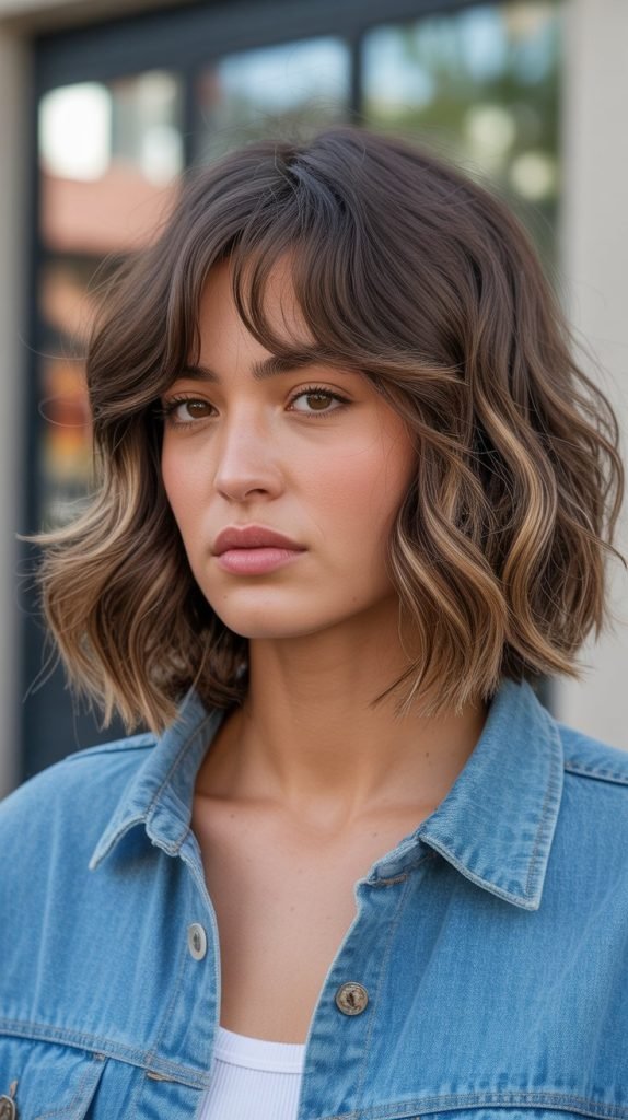 Wavy Long Bob with Feathered Curtain Bangs