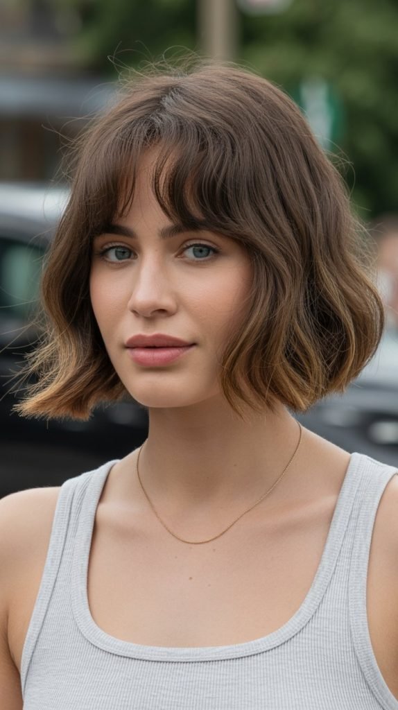 Long Bob with Curtain Bangs and Natural Texture Enhancement