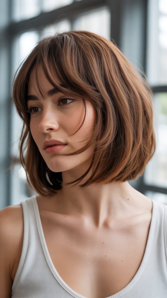 Inverted Bob with Curtain Bangs for Square Faces