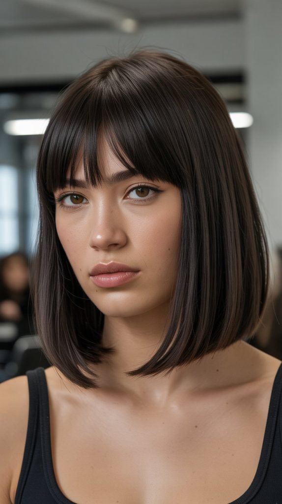 Blunt Long Bob with Full Curtain Bangs