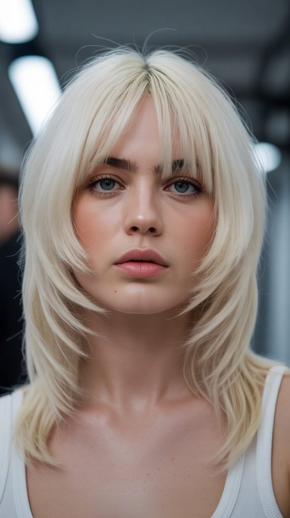 Long Bob with Curtain Bangs and Platinum Blonde