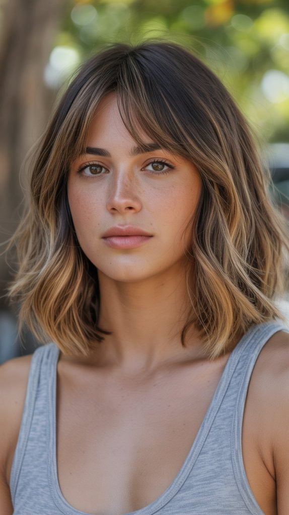 Long Bob with Curtain Bangs and Balayage