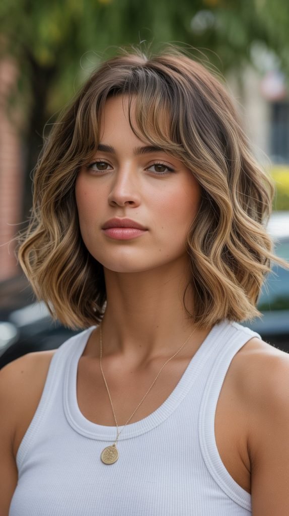 Textured Long Bob with Wispy Curtain Bangs