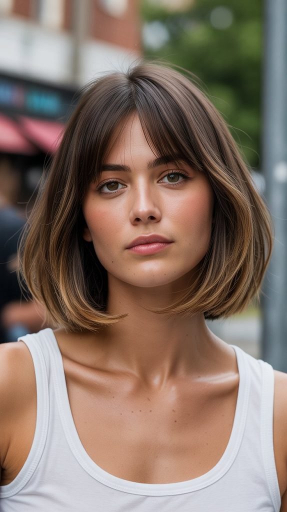 Long Bob with Curtain Bangs and Lived-In Color