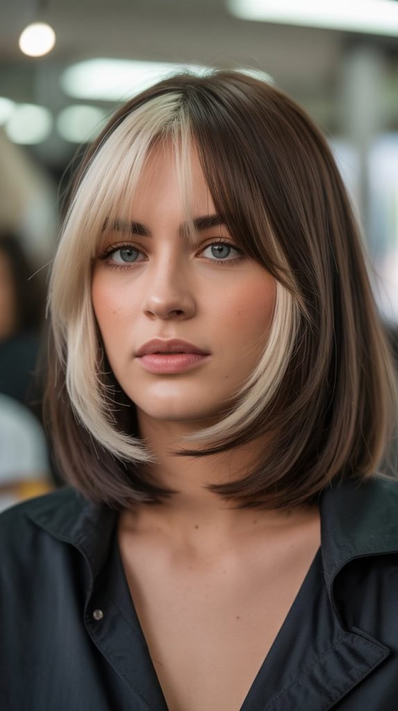 Long Bob with Curtain Bangs and Money Piece Highlights