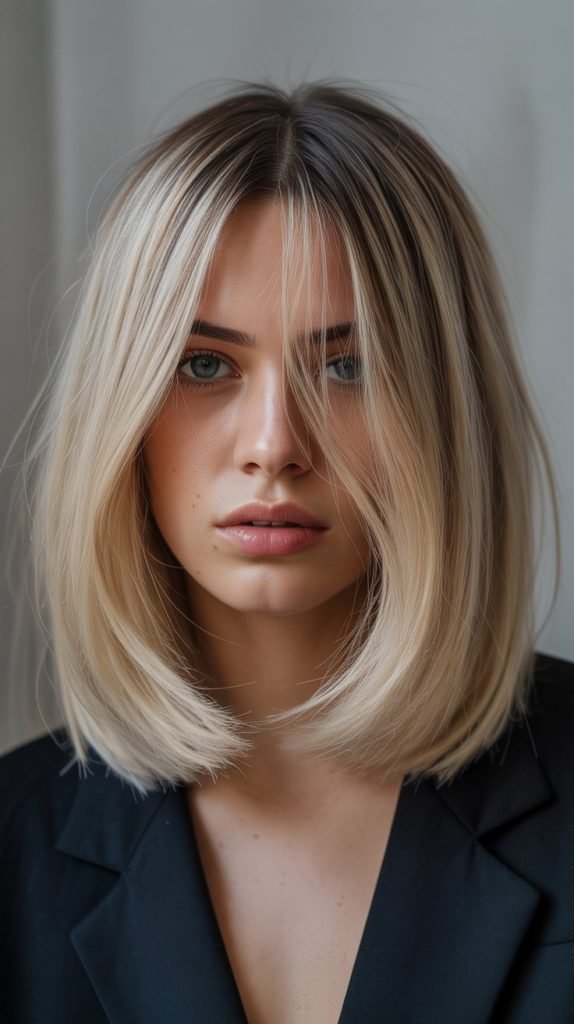 Long Bob with Curtain Bangs and Underlights