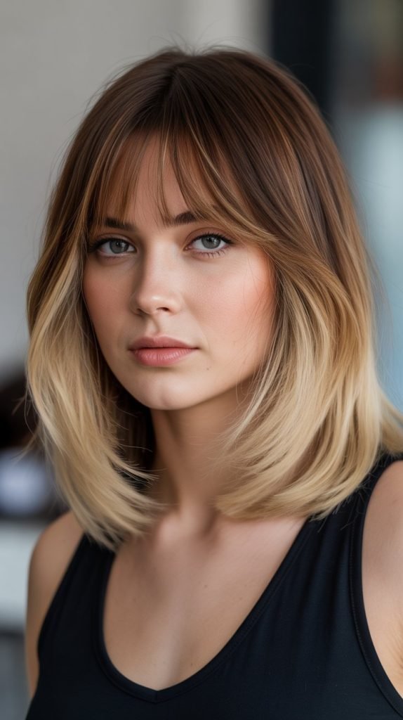 . Long Bob with Curtain Bangs and Color Melting