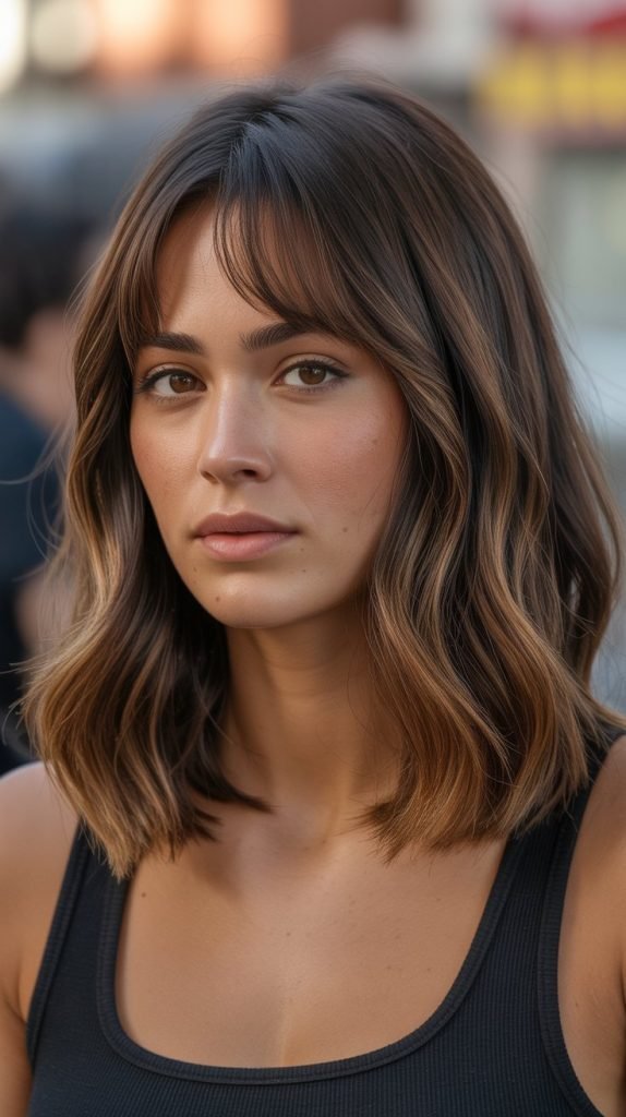 26. Long Bob with Curtain Bangs and Caramel Balayage