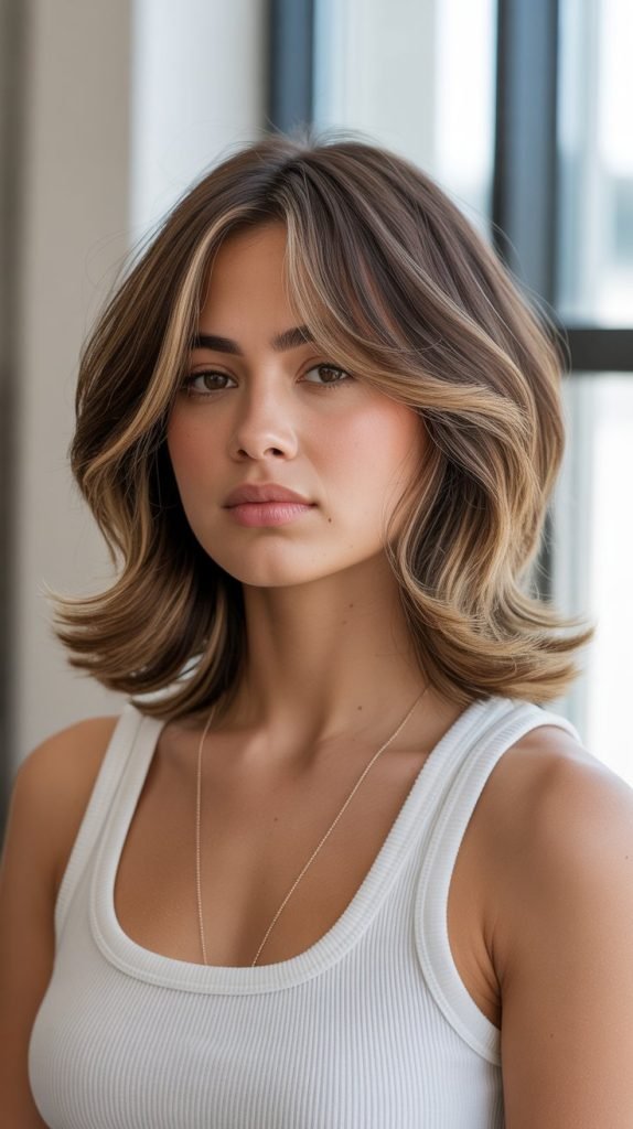 Layered Long Bob with Side-Swept Curtain Bangs