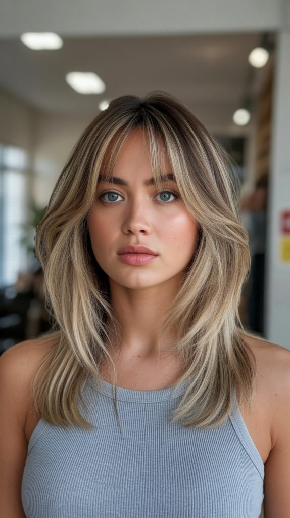 Long Bob with Curtain Bangs and Lowlights