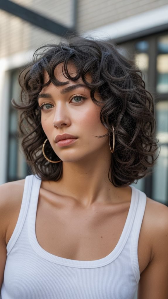 Curly Long Bob with Voluminous Curtain Bangs