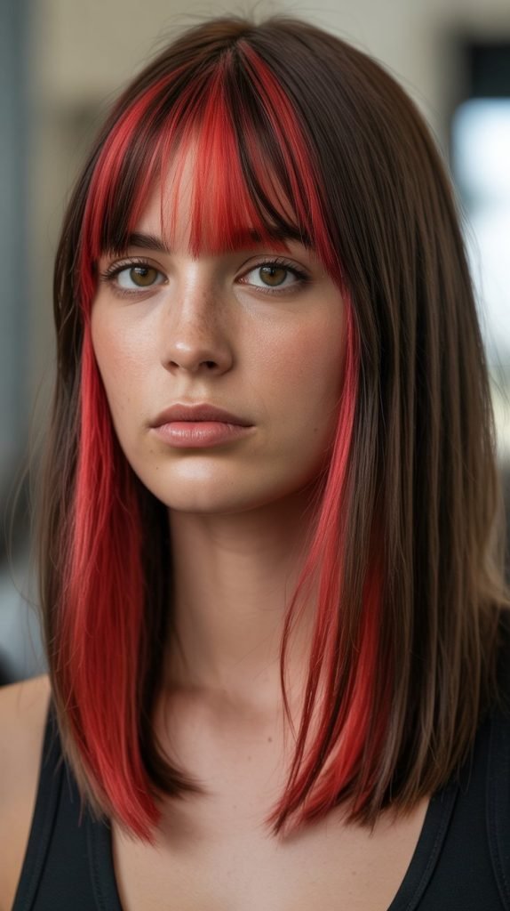 Long Bob with Curtain Bangs and Red Highlights
