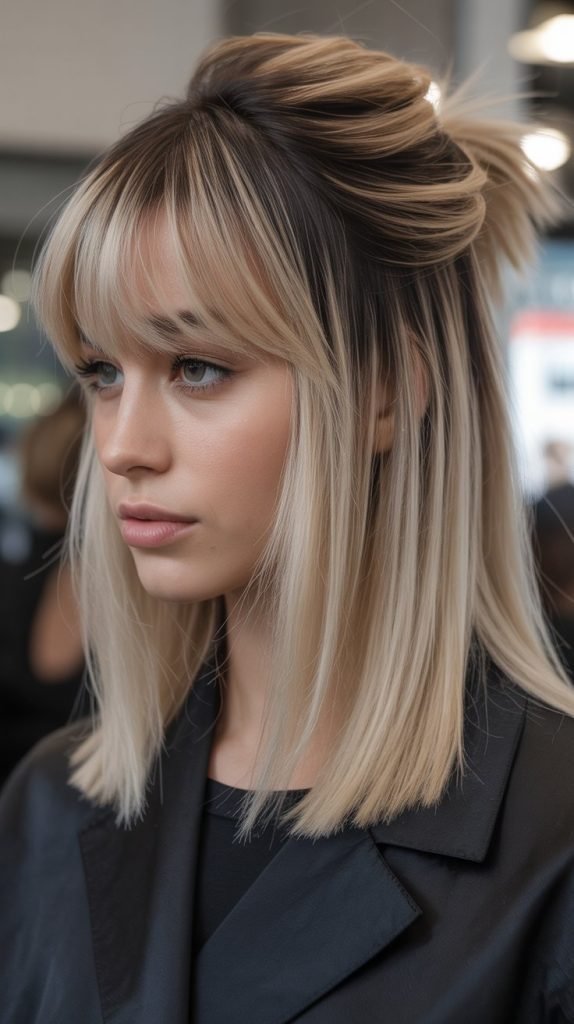  Long Bob with Curtain Bangs and Root Volume