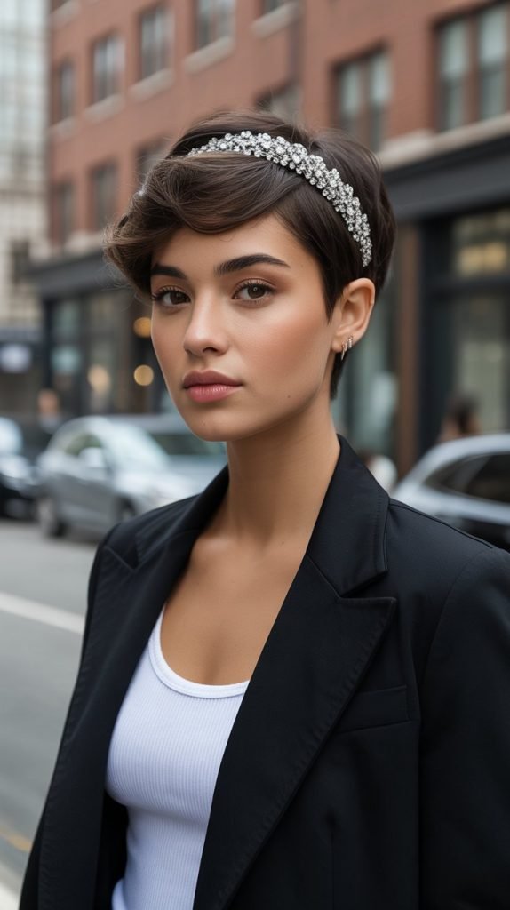 23. Pulled-Back Pixie with Embellished Headband