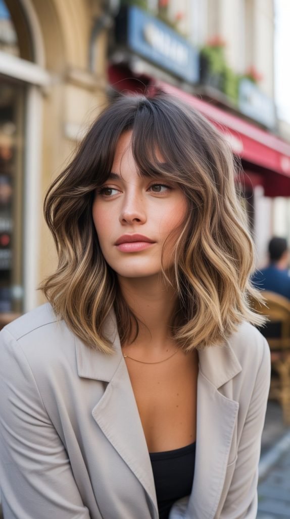 2. Textured Long Bob with Wispy Curtain Bangs