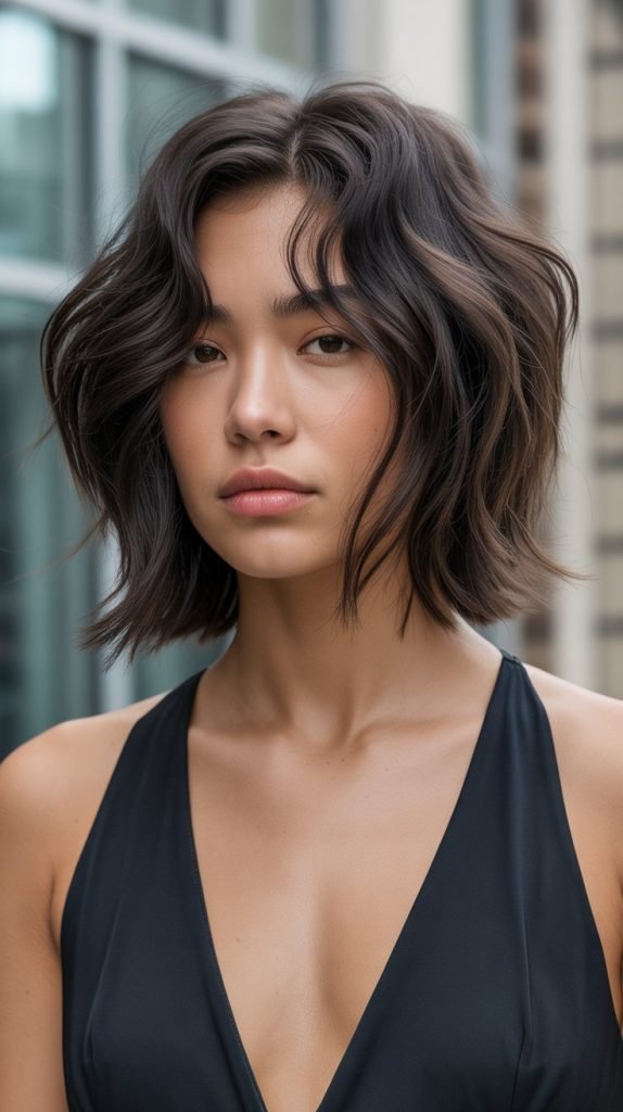 Textured Long Bob with Piece-Y Bangs and Deep Side Part