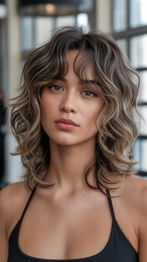 4. Textured Wavy Long Bob with Curtain Bangs