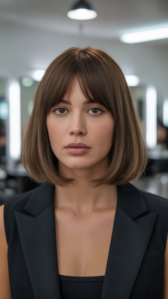 1. Classic Blunt Long Bob with Soft Curtain Bangs