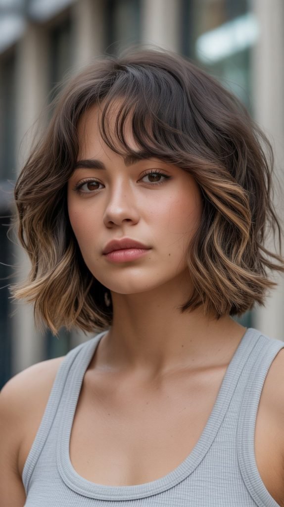 2. Textured Long Bob with Wispy Curtain Bangs