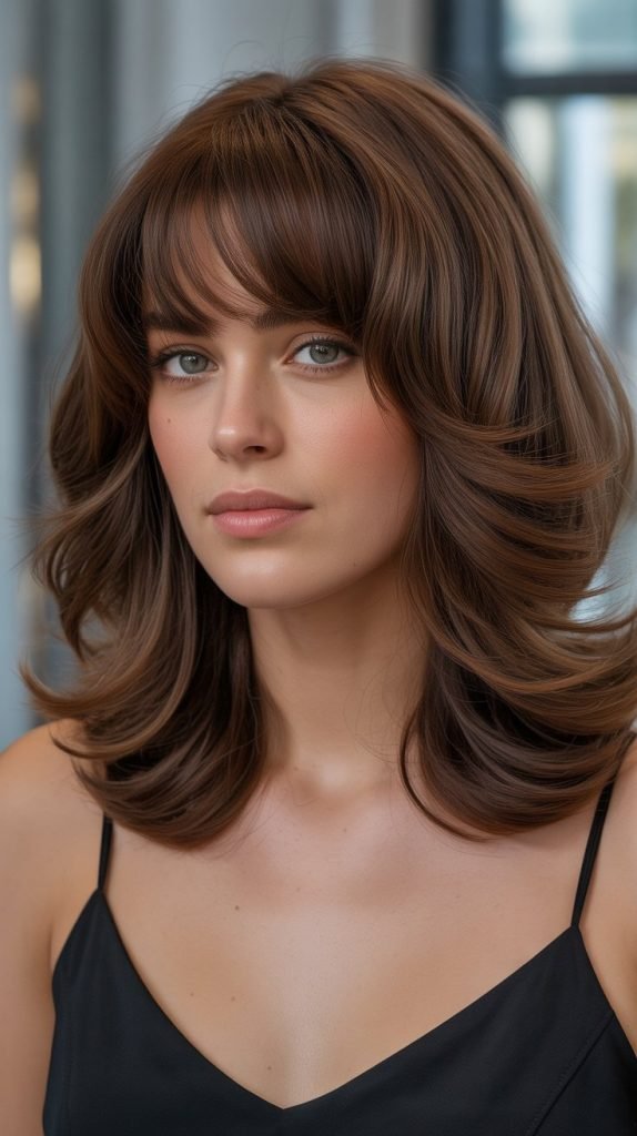 Angled Long Bob with Curtain Bangs for Thick Hair