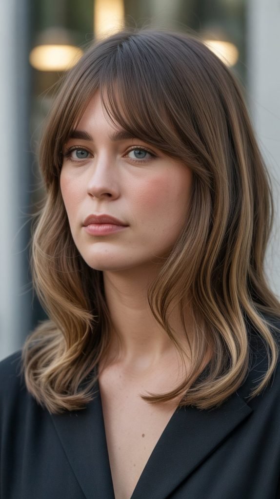 6. Side-Swept Bangs with Medium Layers