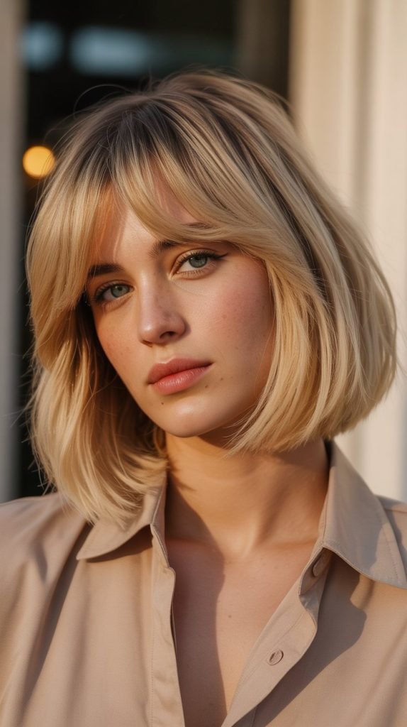 Toasted Coconut Blonde Bob with Curtain Bangs