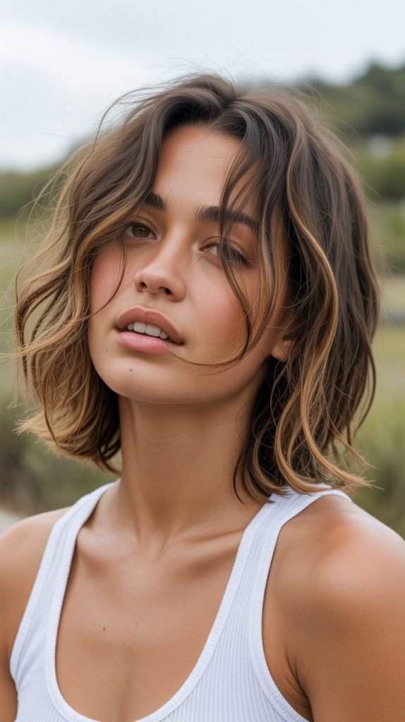  Tousled Long Bob with Messy Curtain Bangs
