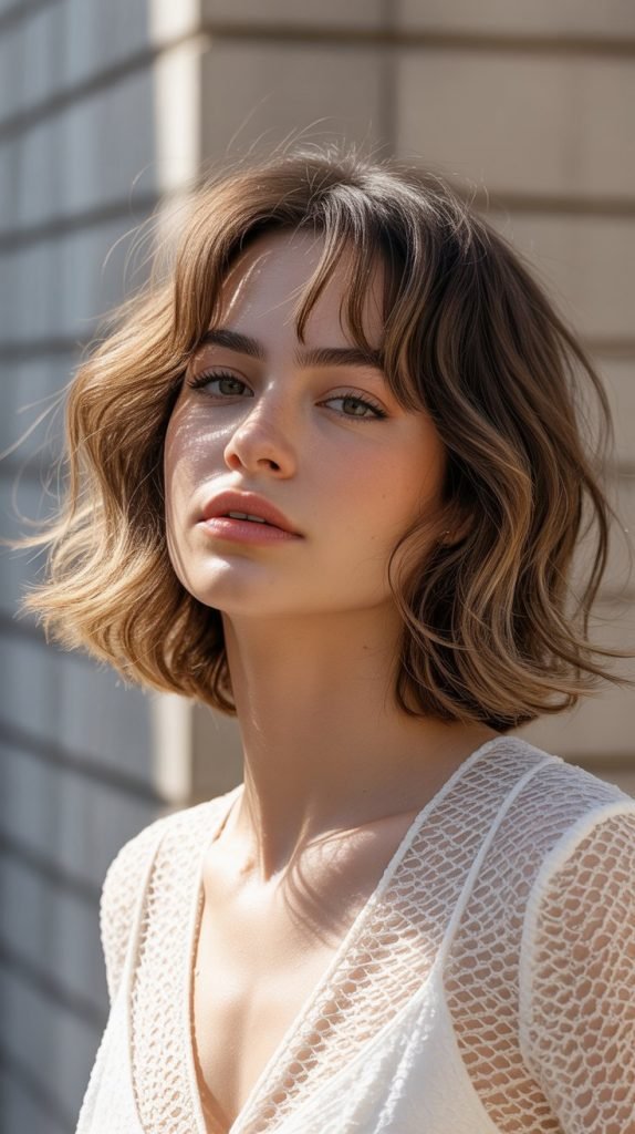 25. Tousled Long Bob with Romantic Curtain Bangs