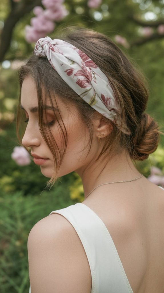 10. Twisted Side Bun with Floral Headband