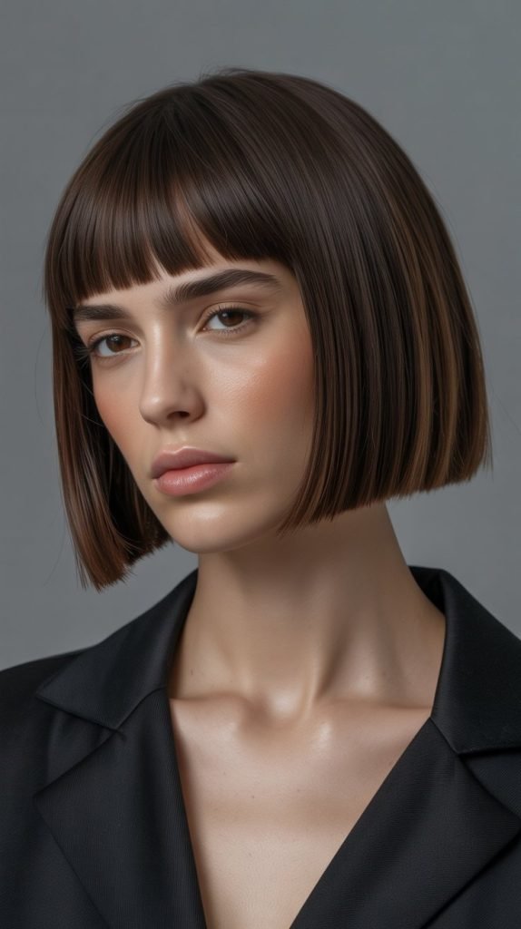 20. Straight Inverted Bob with Blunt Curtain Bangs