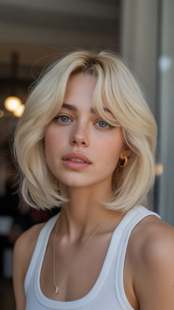 12. Vanilla Blonde Bob with Long Curtain Bangs