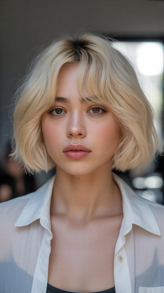 Vanilla Blonde Lob with Baby Curtain Bangs