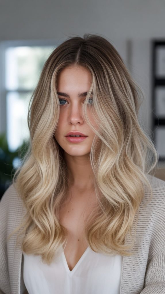 10. Vanilla Blonde Balayage with Light Brown Roots