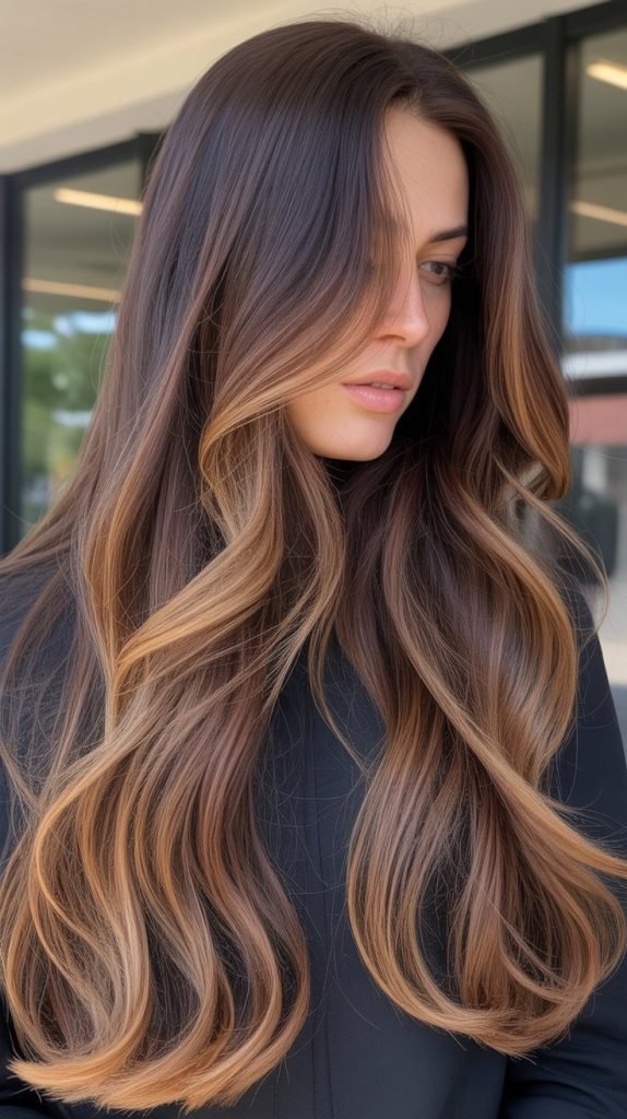 Caramel Highlights on Long Brown Hair