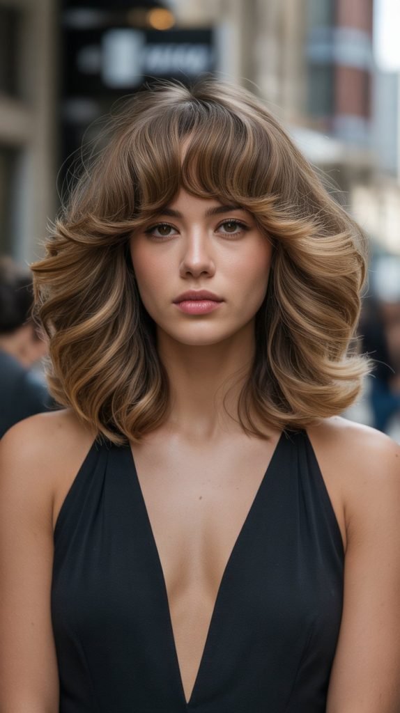 17. Voluminous Long Bob with Full Curtain Bangs