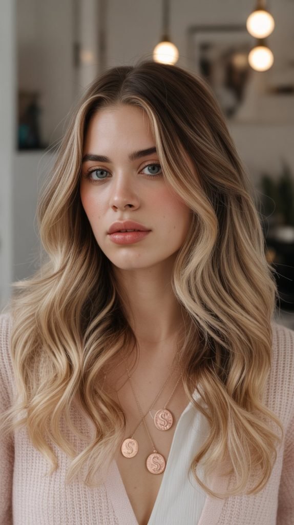 11. Warm Blonde Balayage with Rose Gold Money Piece