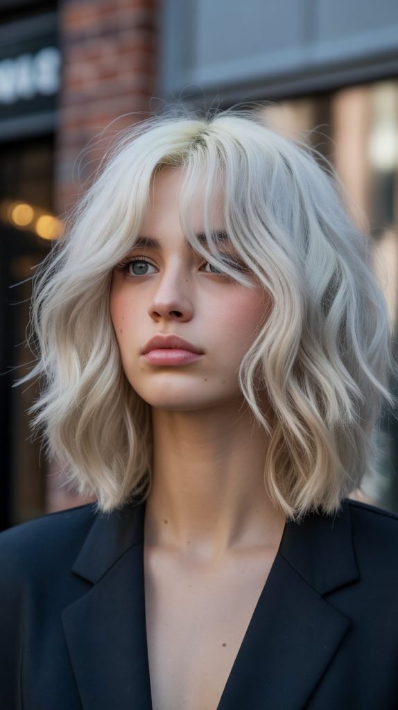 24. Wavy Long Bob with Curtain Bangs and Platinum Blonde
