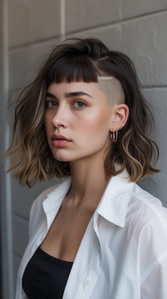  Wavy Lob with Curtain Bangs and Undercut