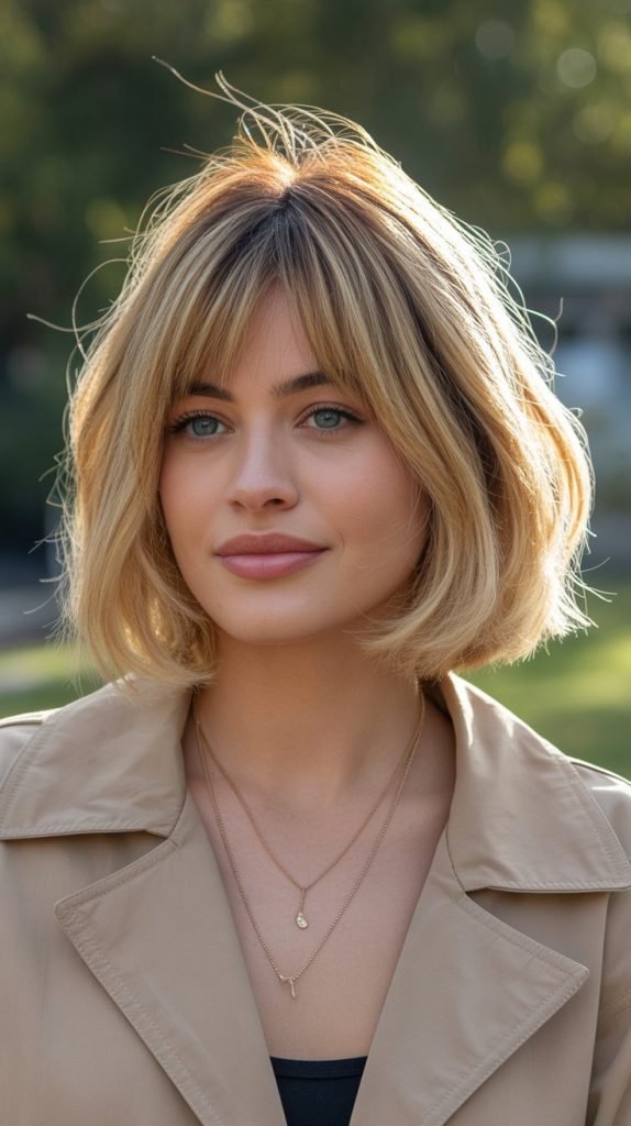 22. Wheat Blonde Bob with Curtain Bangs
