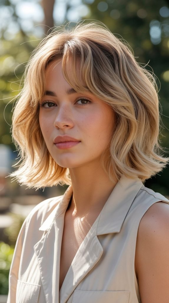 13. Wheat Blonde Lob with Soft Layered Curtain Bangs