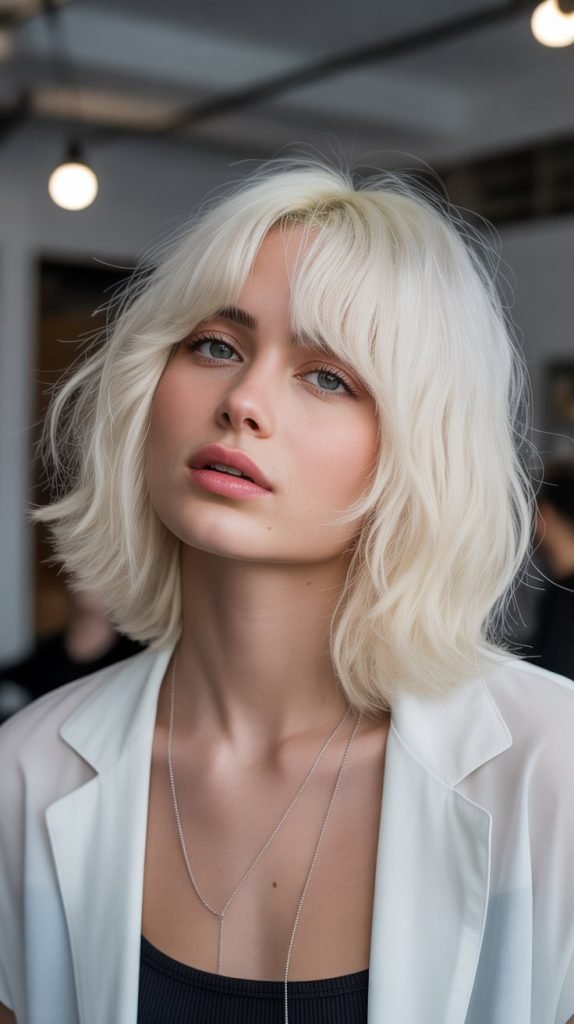 14. White Blonde Bob with Curtain Bangs