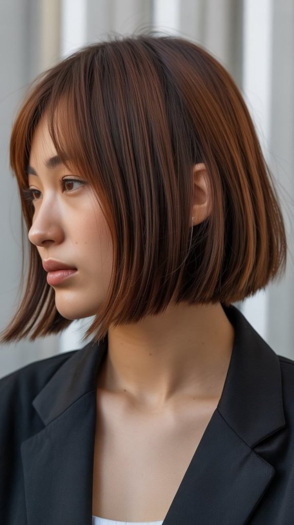 5. A-Line Long Bob with Graduated Curtain Bangs